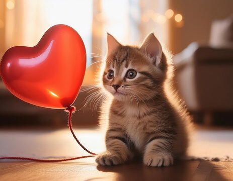 A small kitten curiously observes a heart-shaped balloon, spreading joy and love on Valentine's Day.
