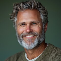 Fototapeta premium Smiling man with a beard and wavy hair in a relaxed pose against a soft green background during daylight