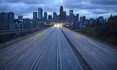 Fototapeta premium night highway road to city skyline
