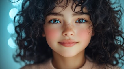 Fototapeta premium Young girl with curly hair and blue eyes displaying a warm smile in a softly lit environment