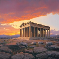 Fototapeta premium A majestic ancient temple stands against a vibrant sunset sky, surrounded by rocky terrain, showcasing classical architecture and historical significance.