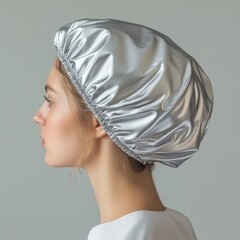 A profile view of a woman wearing a shiny silver shower cap, emphasizing sleek design and modern aesthetics.