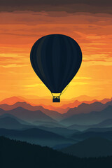Fototapeta premium A silhouette of a hot air balloon against a vibrant sunset over mountains.