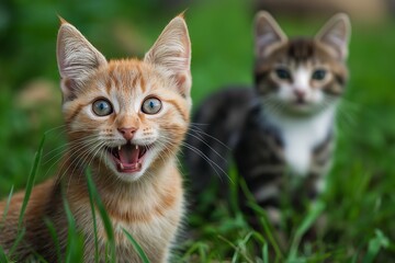Obraz premium Two playful kittens with vibrant expressions enjoy a sunny day in the grass.