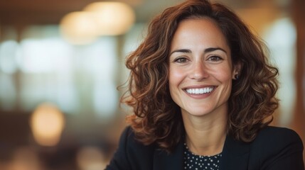 Obraz premium Smiling woman with dark curly hair wearing a blazer in a modern office environment. Professional portrait for corporate leadership and success concept.