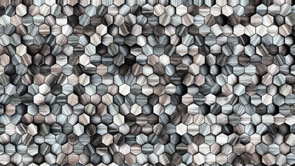 Wooden wall background. Grey wood pattern. Modern wood template. Hexagonal wooden volume pattern. 3d illustration.