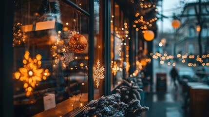 Warm shop window display adorned with festive lights and decorations promoting local businesses