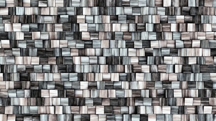 Wooden wall background. Grey wood pattern. Modern wood template. Square wooden volume pattern. 3d illustration.