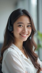 A cheerful young woman with long, wavy hair wears a headset, radiating positivity in a modern office setting. Her warm smile and professional attire create an inviting atmosphere, perfect for customer