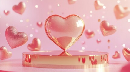 Glossy pink heart symbol floating on platform with romantic background