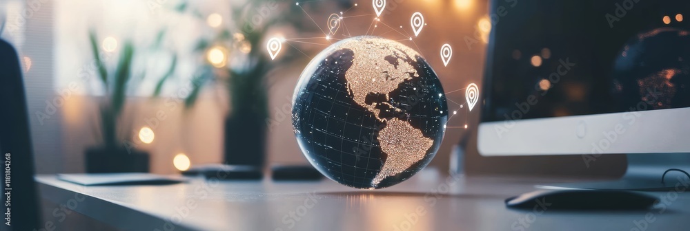 Poster Hologram of planet earth rotating on office desk with location indicators and computer in background, symbolizing global communication and navigation