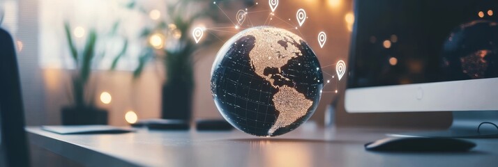 Hologram of planet earth rotating on office desk with location indicators and computer in background, symbolizing global communication and navigation