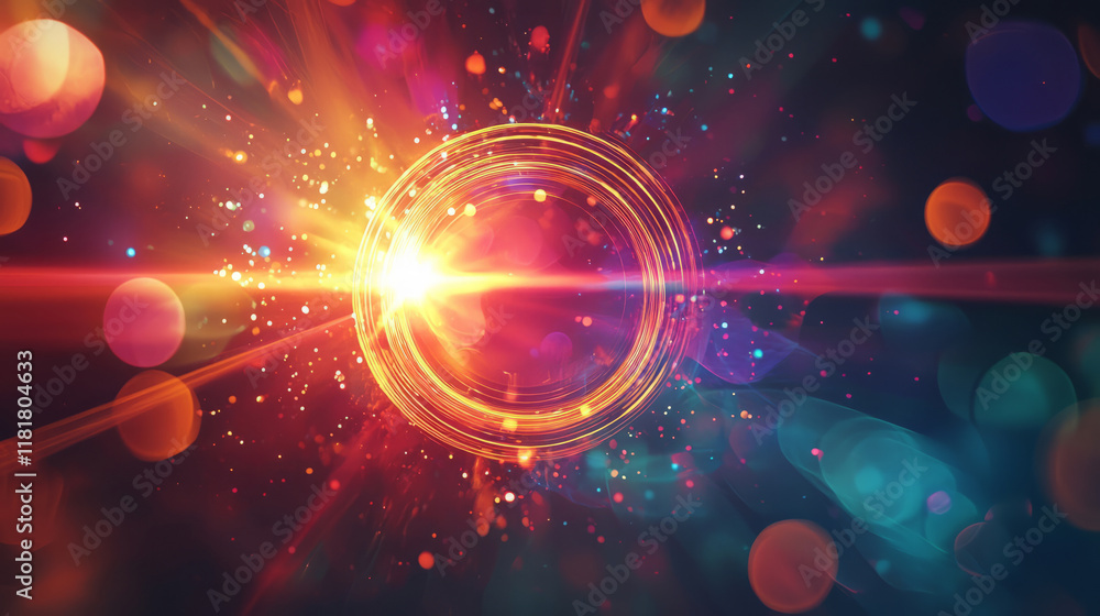 Poster radiant colorful lights with abstract lens flare and particle effects background
