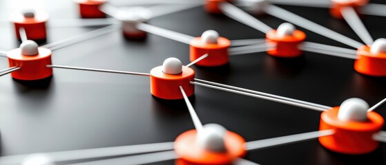 A close-up view of interconnected nodes with strings, showcasing a network structure in orange and white on a dark background.