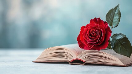 Romantic Still Life of Open Book with Single Red Rose on Abstract Background