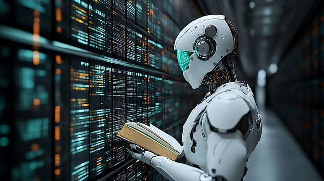 Robot reading book in data center.