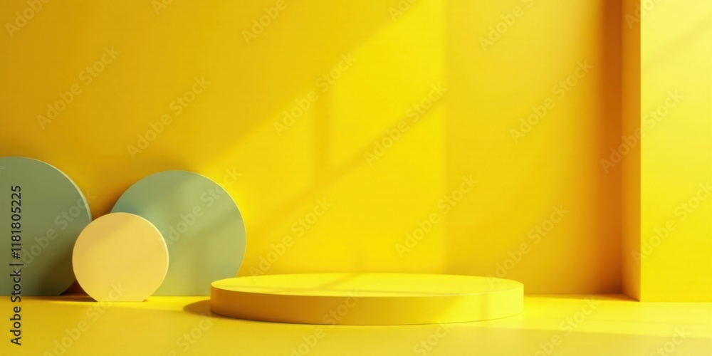Aufkleber Sunny Yellow Room with Abstract Circular Forms and Display Platform