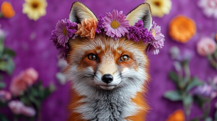 A charming fox proudly wears a colorful flower crown crafted from blooms. Set against a bright floral background, it exudes a joyful and lively spirit, enhancing the whimsical atmosphere