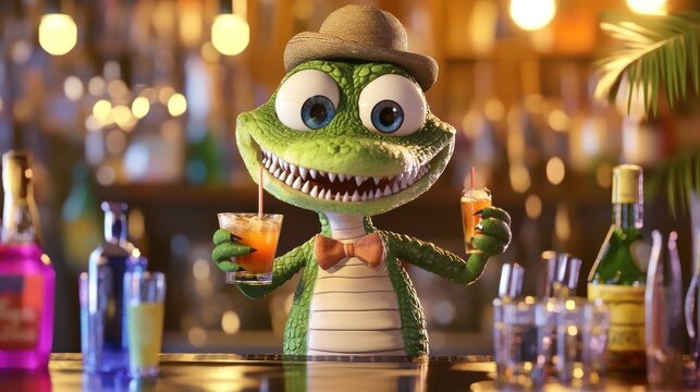 A cute cartoon crocodile bartender in a hat holds two cocktails at a bar.