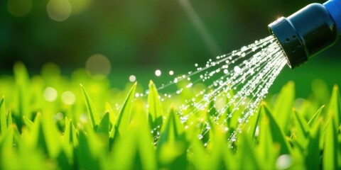 Refreshing Water Sprinkling on Lush Green Grass Blades in Sunlight