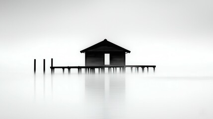 Serene Black and White Silhouette of a House on Stilts in a Calm Waterscape