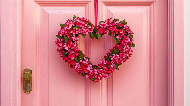 christmas wreath on wooden door  in concept of valentine day on 14 February 2025 with pink and red heart gift love rose romance romantic things with background - Powered by Adobe