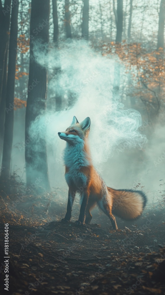 Aufkleber in a serene forest at dawn, a fox stands majestically, its tail flowing with glowing smoke. the ench