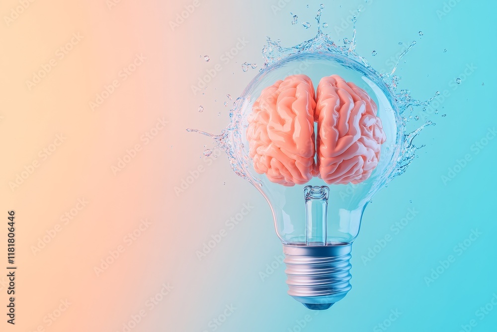 Poster brain inside a light bulb surrounded by water splashes creates a unique visual representation of cre