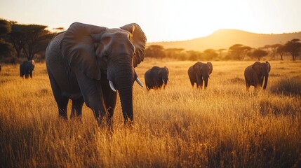 Obraz premium African elephants in golden savanna at sunset.