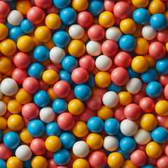Fototapeta premium A pile of colorful candy balls. The colors are blue, pink, yellow, and white. The candy balls are piled on top of each other, creating a vibrant and playful scene