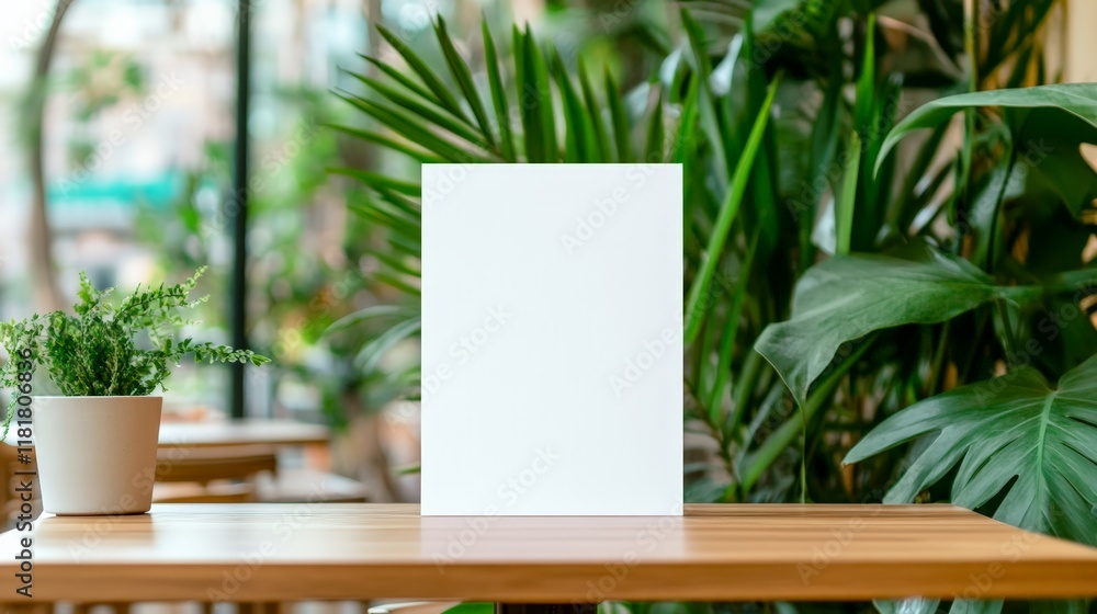 Poster white blank vertical sign standing on a wooden table with a small plant in a pot on the left and big
