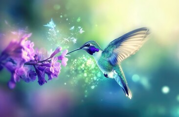 A vibrant green and purple hummingbird hovering near an exotic flower, its iridescent feathers shimmering in the sunlight