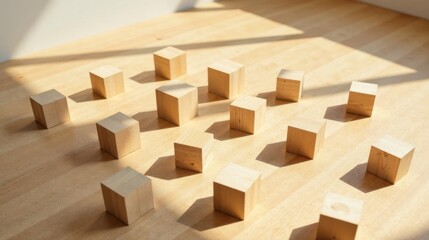 Wooden Cubes Arranged in Sunlight on Light Wood Floor