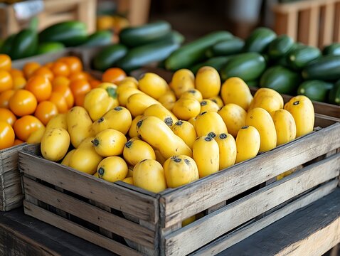 Yellow potatoes in wooden crate at farmer's market.