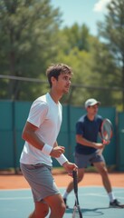Two young men, one in a white shirt and the other in a dark blue shirt, are engaged in an intense tennis match on a sunlit court. The focus and determination on their faces highlight the competitive