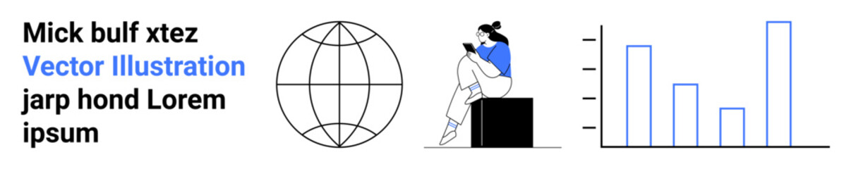 Woman sitting on a black box reading, globe illustration, bar chart with varying heights. Ideal for education, learning, global connectivity, data analysis, business growth, network visualization