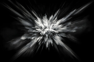 Fototapeta premium Dramatic monochrome image of a powder explosion, radiating outwards in a burst of energy. Perfect for design projects needing a powerful, abstract visual.