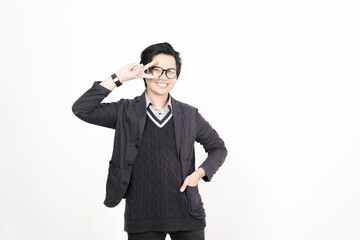 Showing Peace or Victory sign Of Beautiful Asian Man Isolated On White Background