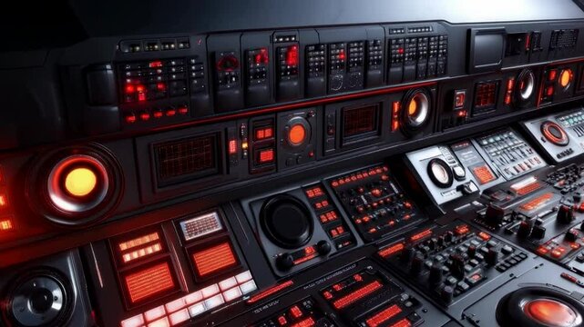 Futuristic Sci Fi Control Panel Interface Red Illuminated Buttons Dials and Displays
