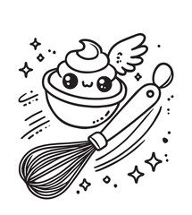 Coloring book cute and whimsical illustration of a bowl of whipped cream with wings and a whisk