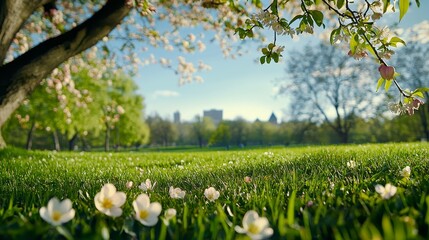 Obraz premium Tranquil Spring Scene with Blooming Flowers and Gentle Sunlight in Urban Park Setting