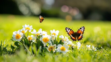 Colorful Butterflies Fluttering Over White Flowers in Sunlit Green Meadow