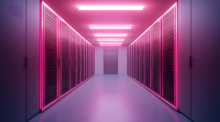 A futuristic data center corridor illuminated by pink lights, featuring rows of server cabinets along the walls.