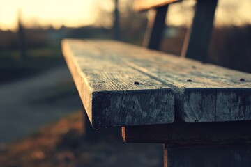 Rustic Wooden Bench Glowing in the Soft Sunset Light, Inviting Serenity and Reflection in a Peaceful Outdoor Setting Surrounded by Nature's Beauty