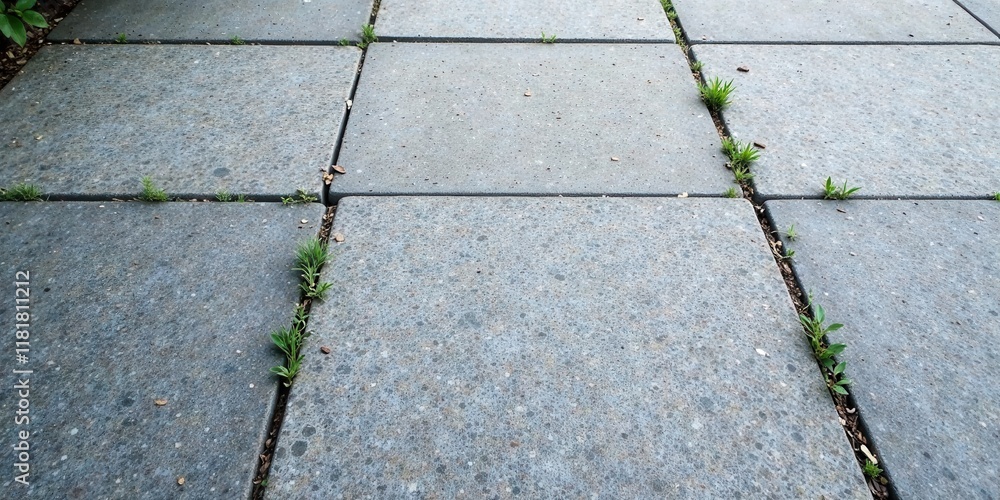 Poster grey pavement slabs with emerging weeds between the cracks