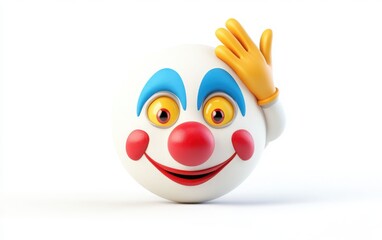 3D emoji clown face with a blue nose, yellow eyes, and a hand on the forehead as if saluting, simple design, flat shading, white isolated background 