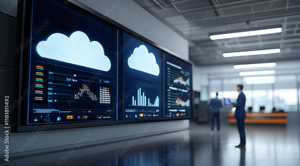 Aufkleber a modern office scene featuring two professionals analyzing cloud data visualizations on large scree