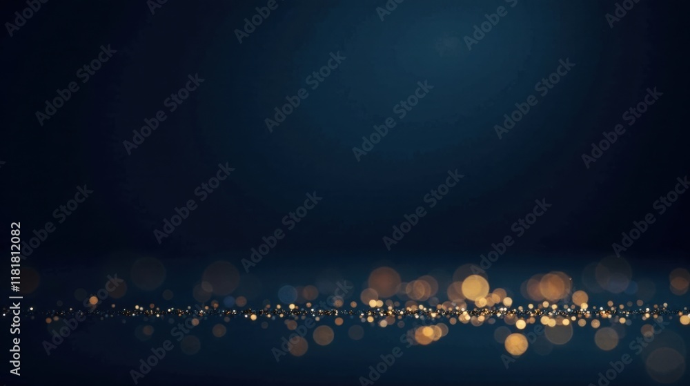 Poster Abstract Dark Blue Background with Golden Glitter Sparkles and Bokeh Lights