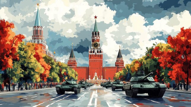 Military Parade with Tanks in Front of Historic Kremlin Fortress