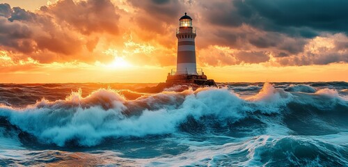 Fototapeta premium A Radiant Glowing Lighthouse Shining Over Stormy Seas, Symbolizing Guidance and Resilience